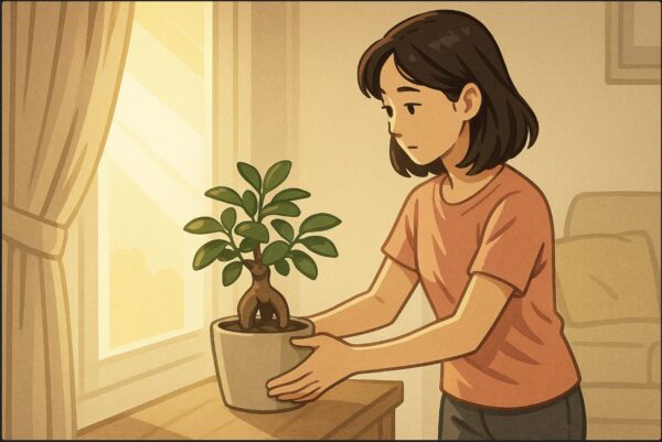 日本人女性が夏の午後、カーテン越しに強い日差しを避けるように、ガジュマルの鉢を少し奥の位置に移動している。窓の外には強い光、室内は柔らかな明るさ。