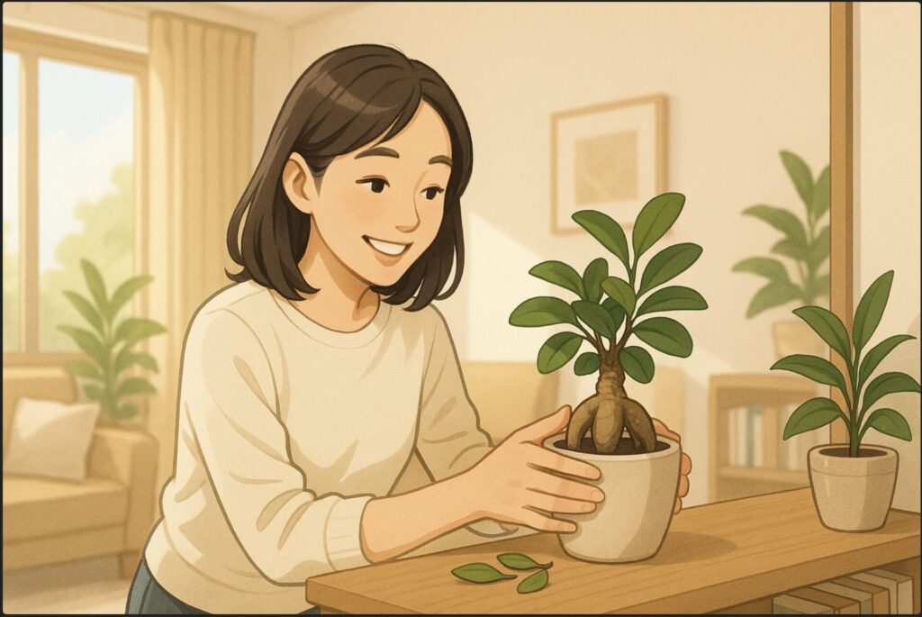 日本人女性がリビングの棚にガジュマルを置き、位置を整えながら微笑んでいる。部屋は整ったインテリアで、穏やかな朝の光が差し込む。観葉植物が複数あり調和の取れた雰囲気。