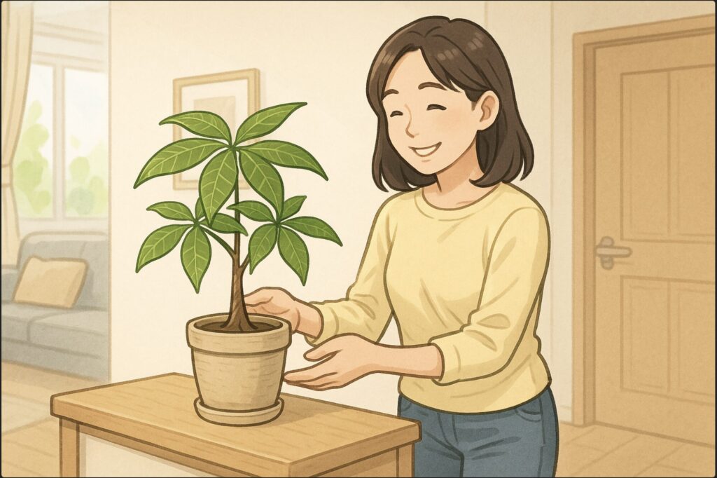 日本人女性が明るいリビングで、元気に育ったパキラを玄関近くの棚に置いて微笑んでいる。背景には柔らかな自然光と整ったインテリア。幸福感と清潔感のある雰囲気。