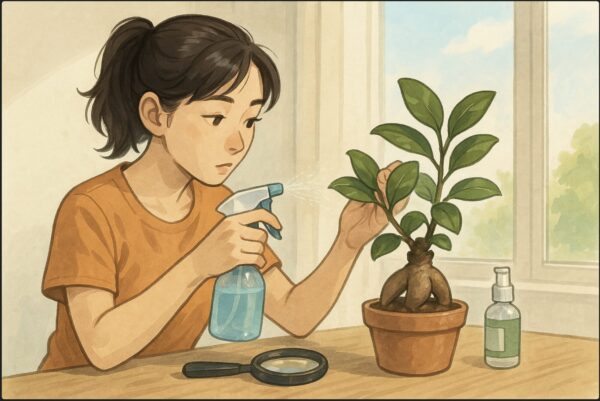 日本人女性が霧吹きを持ち、葉の裏を確認しながらガジュマルの葉に水をかけている。近くに虫眼鏡と小さなスプレーボトル(殺虫剤)が置かれている。背景は明るい室内の窓際。