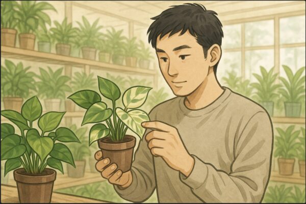 日本人男性が園芸店の屋内で、複数のポトス（緑葉、斑入り、白斑など）を見比べながら、手に取って葉の模様を観察している。背景には観葉植物が整然と並び、光が柔らかく差し込む。