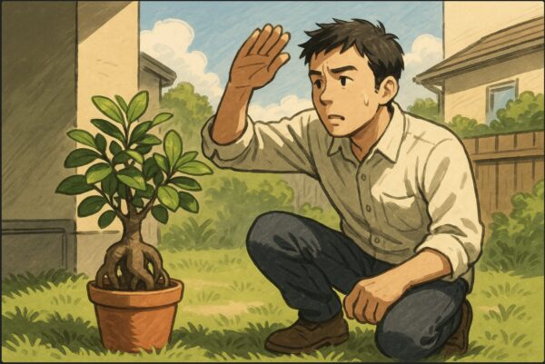 日本人男性が庭で、日当たりを確認するために手をかざしながら、ガジュマルを植える場所を選んでいる。建物の陰や風向きを意識した構図。