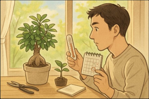 日本人男性が温度計とカレンダーを見ながら、窓辺のガジュマルを観察している。外は春の陽光で明るく、窓の外には新緑。テーブルの上には剪定ばさみと小さなノート。