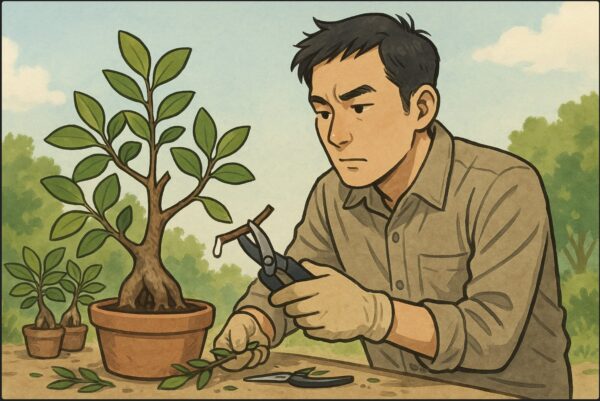 日本人男性が剪定バサミを持ち、屋外でガジュマルの枝を丁寧にカットしている。切り口から白い樹液が見える。剪定後の枝や園芸バサミが手元に置かれている。