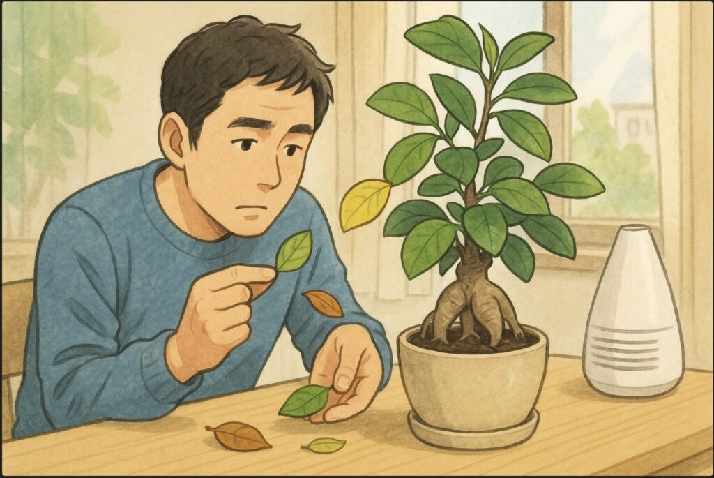 日本人男性が机の上のガジュマルを前に、落ちた葉を拾いながら葉の色や形を見比べている。背景には明るい窓と加湿器が置かれた部屋。表情はやや心配そう。