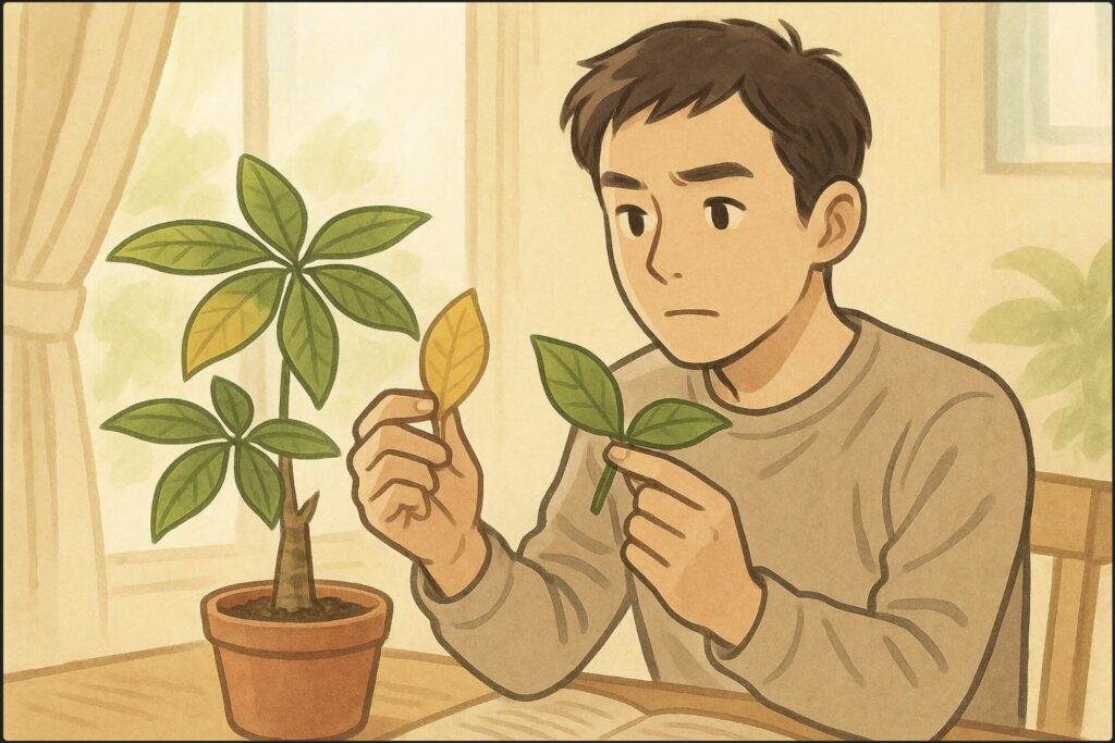 日本人男性が窓辺でパキラの鉢を前に、黄色くなった葉と緑の葉を左右の手で比較して見つめている。背景に柔らかな光が差し込み、観察に集中する様子。