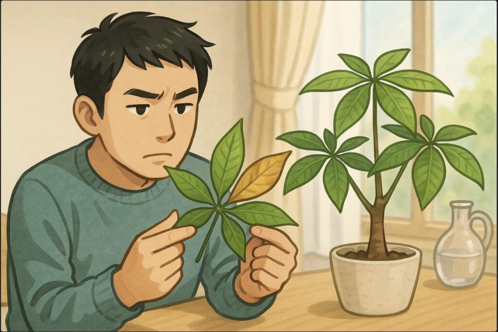 日本人男性がテーブルの上に置かれたパキラの葉を手に取り、黄色や茶色に変色した葉と健康な緑の葉を見比べている。表情は真剣で、背景には水差しと明るい窓辺。原因を考えている雰囲気。