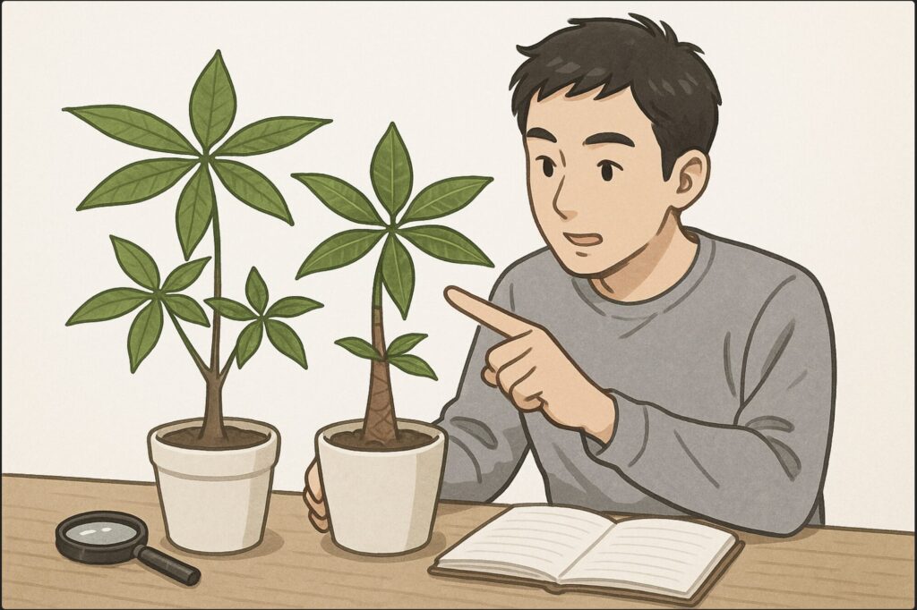 日本人男性が屋内で2つのパキラの鉢を前に、葉の形や幹を指さしながら比較している。机の上にルーペと観察ノートが置かれている。背景はシンプルな白壁。
