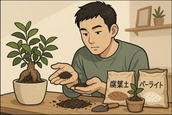 日本人男性が園芸用の土を手のひらで触りながら、水はけや粒の大きさを確かめている。横に「赤玉土」「腐葉土」「パーライト」の袋が開かれ、鉢の隣にはガジュマルの苗が置かれている。屋内作業テーブル。