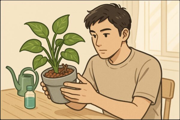 日本人男性が赤玉土だけで植えられたポトスの鉢を持ち、葉の色や根の状態を観察している。テーブル上には液体肥料とジョウロが置かれ、清潔な室内で日光が差す場面。
