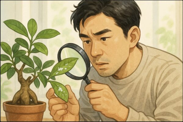 日本人男性が虫眼鏡を持ち、ガジュマルの葉の裏を観察してカイガラムシを確認している。周囲に小さな白い虫が見えるリアルな描写。明るい自然光の室内。