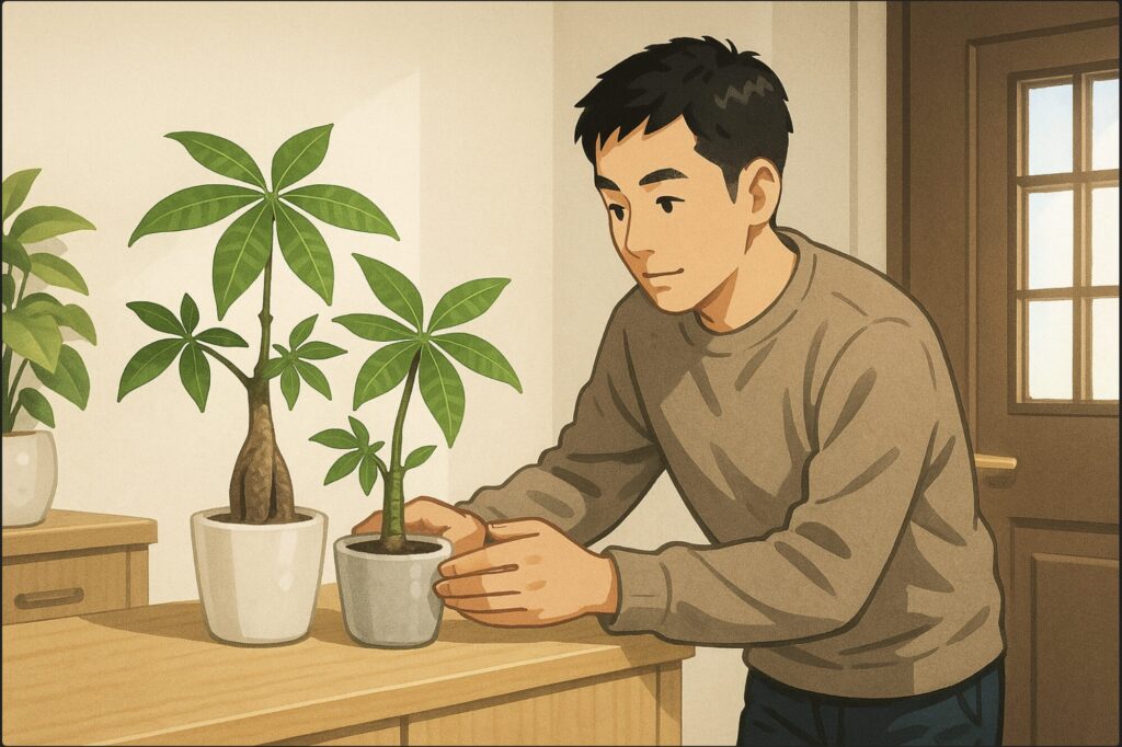 日本人男性が玄関でパキラの鉢を丁寧に配置している。玄関のドアを背景に、靴箱の上に観葉植物を置く動作。柔らかい自然光が差し込み、清潔感のある明るい空間。