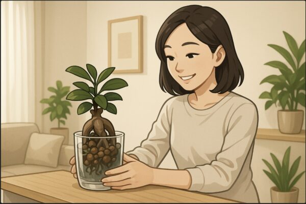 日本人女性がリビングの棚にガジュマルのハイドロカルチャーを飾り、微笑みながら部屋の雰囲気を整えている。柔らかな光と清潔感のある空間、風水的な心地よさを感じさせる構図。