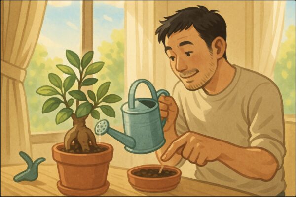 日本人男性がジョウロを持ち、鉢の土の乾き具合を指で確かめながら水をやっている。窓から春の日差しが差し込む室内。