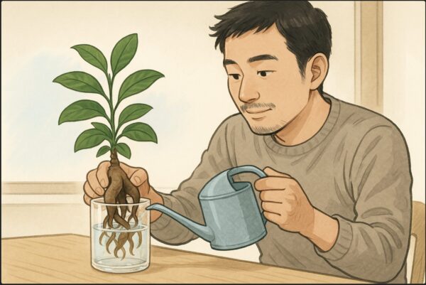 日本人男性が透明なガラス容器のガジュマルを前に、ジョウロで少量の水を静かに注いでいる。容器の底に水が少し溜まり、慎重な手つきで管理している様子。