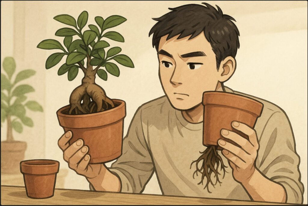 日本人男性が2つの異なる大きさの植木鉢を持ち比べながら、ガジュマルの根を観察している。鉢底から根が少し出ている様子が見える。比較と判断の場面を強調。