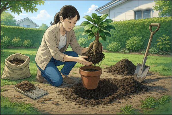 日本人女性が庭で、鉢からガジュマルを取り出し、根鉢を優しくほぐして植え穴に移している場面。スコップや腐葉土がそばに置かれている。