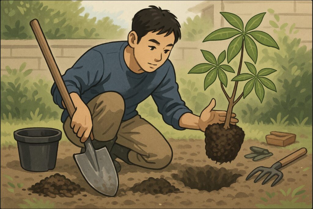 日本人男性がスコップで植え穴を掘り、もう一方の手でパキラの根鉢を慎重に扱っている。周囲に腐葉土や園芸道具が置かれたリアルなガーデン作業シーン。