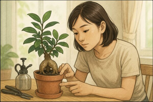 室内で日本人女性がテーブルの上のガジュマル鉢を観察し、指先で根の状態を軽く触って確かめている。鉢の周りには園芸道具と霧吹き。柔らかい日差し。