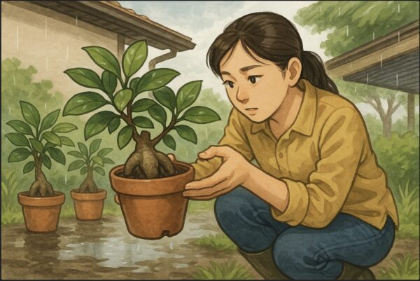 日本人女性が雨上がりの庭で、鉢底を持ち上げて水はけを確認している。地面は濡れており、軒下に避難させたガジュマルが複数並んでいる。湿度を感じるシーン。