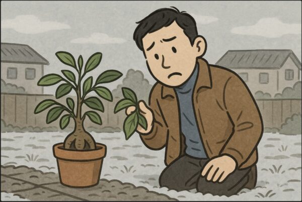 日本人男性が関東の住宅街の庭で、寒さで弱ったガジュマルの葉を手に取り、霜の降りた地面を見て首をかしげている。背景には冬の曇り空と住宅。