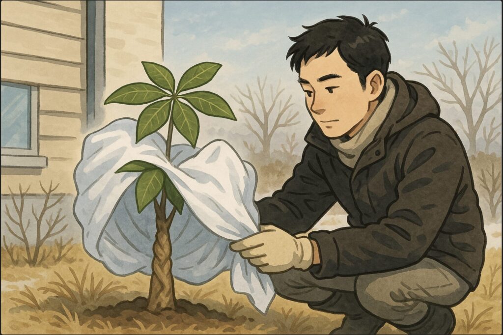 日本人男性が庭の南側の壁際で、パキラの周囲に不織布を掛け、防寒対策をしている場面。周囲に冬枯れの風景、冷たい空気を感じる朝。