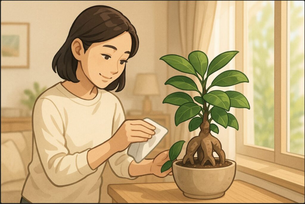 日本人女性がリビングの明るい窓辺で、美しく整えられたガジュマルの鉢を丁寧に拭いている。後ろには整ったインテリアと自然光。幸福感と清潔感のある雰囲気。