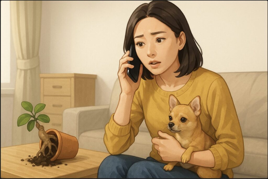 日本人女性が電話を片手に、動物病院へ連絡している場面。もう片方の手で小型犬を膝の上に抱き、落ち着かせている。背景には倒れたガジュマルの鉢が見える。緊迫しつつも清潔感のある室内。