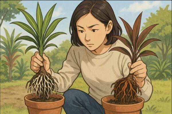日本人女性がドラセナとコルジリネの2つの鉢を並べ、根の色を比べている。片方の根がオレンジ色、もう片方が白。屋外での明るい自然光下。科学的観察をしているような真剣な表情。