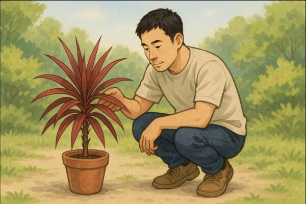 日本人男性が庭先でドラセナの鉢を前にしゃがみ込み、全体の葉色や形をじっくり確認している場面。周囲は柔らかい自然光の屋外。