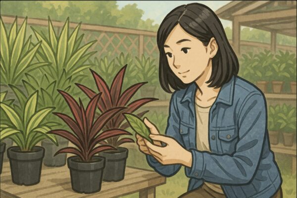 日本人女性が園芸店の屋外売り場で複数のドラセナの品種を見比べながら、葉を手に取って形の違いを確認している場面。背景にはラベルの無い鉢植物が並ぶ。