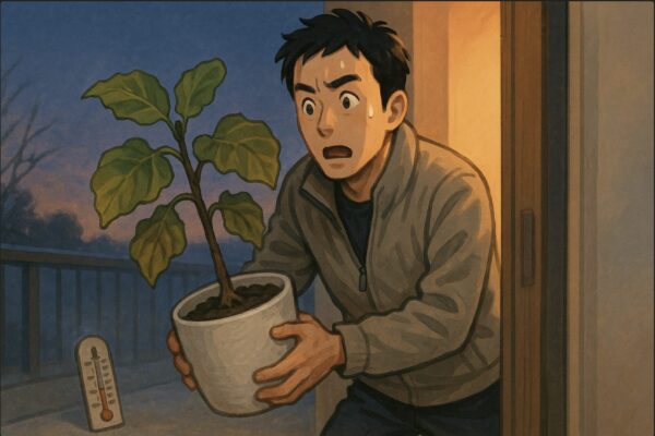 日本人男性が寒くなった夕方に、外のウンベラータの鉢を両手で持ち上げて室内に戻そうとしている場面。背景は夕暮れの寒そうな外気。人物は急いで取り込む緊張感がある表情。