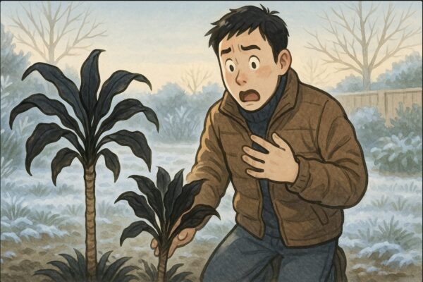 日本人男性がドラセナを屋外に出し、霜の降りた地面を見下ろして驚く様子。葉が黒く変色したドラセナが手前にあり、寒さの影響を受けた情景。背景に朝の霜と冬の庭。