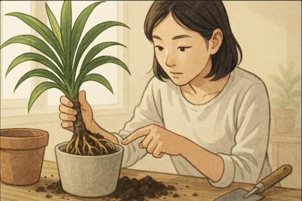 日本人女性が植え替え中の鉢からドラセナの根を少し掘り出し、指で黄色い根の色を確認している。土とスコップが見え、作業台の上に道具が並ぶ。明るい自然光の室内。