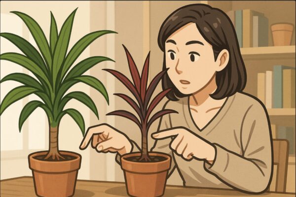 日本人女性がドラセナの根元や葉を指さしながら、2種類の特徴を見比べているシーン。根の色の違いを確認するために片方の鉢の根元を少し持ち上げる仕草が含まれる。分類の違いを視覚で理解しようとしている場面。