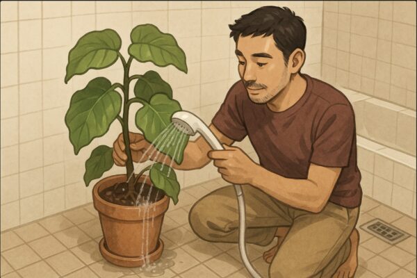 日本人男性が浴室でウンベラータにシャワーを当て、鉢底から水が流れ出るのを確認しながら、葉の裏側にも優しく水をかけている動作。