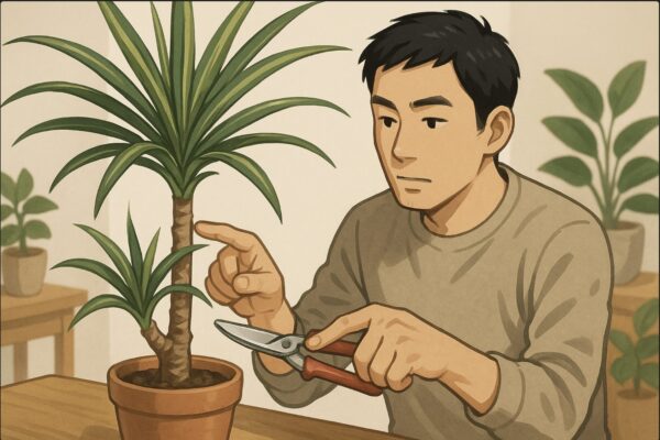 日本人男性がドラセナ・コンシンネの幹を指で示しながら、剪定ばさみを持って切る位置を確認している。観葉植物の鉢が置かれた木のテーブル上で、具体的なカット位置がわかる構図。