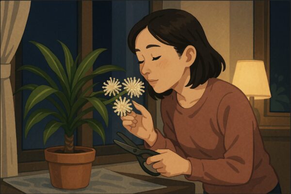 夜の室内で、日本人女性がドラセナの花から立ちのぼる強い香りを確かめるように鼻先を近づけ、同時に片手で窓を少し開けて換気しようとしている。外は夜景、室内は淡い照明。花は夜に開き、香りが強い描写。
