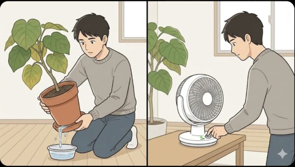 日本人男性がウンベラータの鉢の受け皿に溜まった水を捨て、その後にサーキュレーターを弱風モードでセットしている具体的な動作シーン。