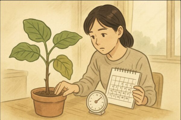 日本人女性がカレンダーと室内の温度計を見比べながら、ウンベラータの土に触れて状態を確かめている場面。季節の変化を意識した穏やかな室内光。