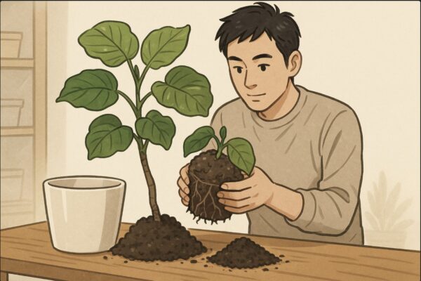 日本人男性が作業台の前でウンベラータの植え替え準備をしており、新しい鉢と新しい土を並べ、根鉢を優しく支えて確認している場面。