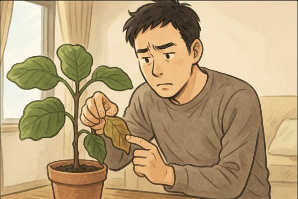 日本人男性が室内でウンベラータの鉢を覗き込み、元気がない葉を指でそっと持ち上げて確認している場面。背景は自然光が入るリビング。表情は不安と観察のニュアンス。