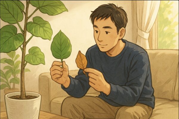 日本人男性がソファ横のウンベラータを前に、健康な緑の葉と古い落ち葉を手に取りながら比較して観察している場面。リラックスした雰囲気の室内で、優しい日差しが差し込む。