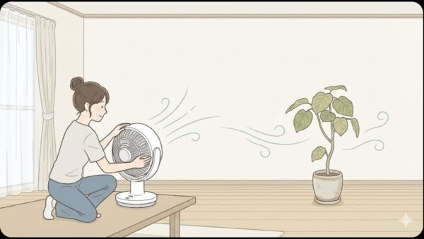 日本人女性がサーキュレーターの角度を調整しながら、弱ったウンベラータの鉢周囲の空気を循環させている場面。風は直接当てず、壁を使って反射させている様子。