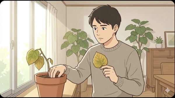 日本人男性がウンベラータの黄色く変色した葉を1枚手に取り、片手で土の湿り具合を確認しながら、原因を考える場面。鉢は室内の明るい窓際に置かれている。