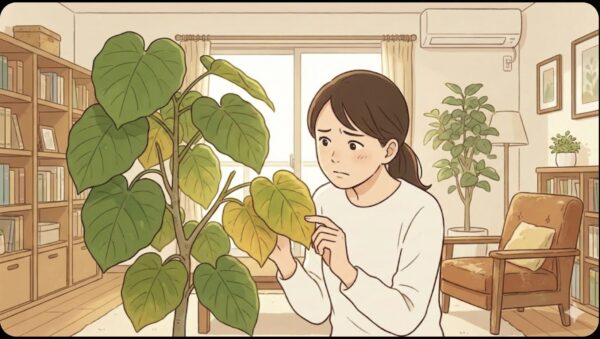 日本人女性が室内で元気を失ったウンベラータを心配そうに覗き込み、葉の状態を手でそっと確かめているシーン。背景は自然光の入るリビング。