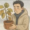 冬の屋外を背景に、日本人男性がウンベラータの鉢をそっと抱え、寒さで弱った葉を心配そうに観察している。吐く息が白く、冬の冷気がわかる雰囲気。人物の表情は不安気。