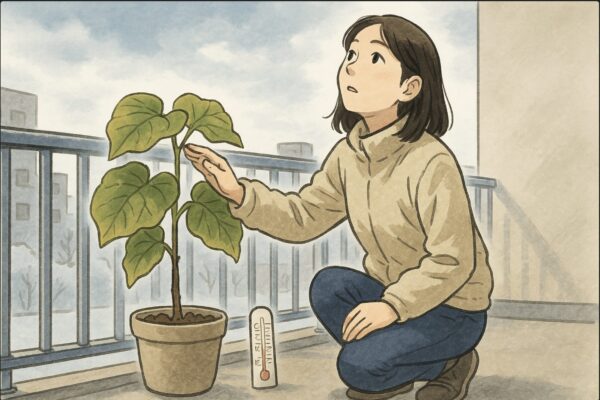 日本人女性がベランダでウンベラータの葉に触れながら、外気温の寒さを確認するように空を見上げている。足元に温度計を置き、温度の低さを気にしている様子。