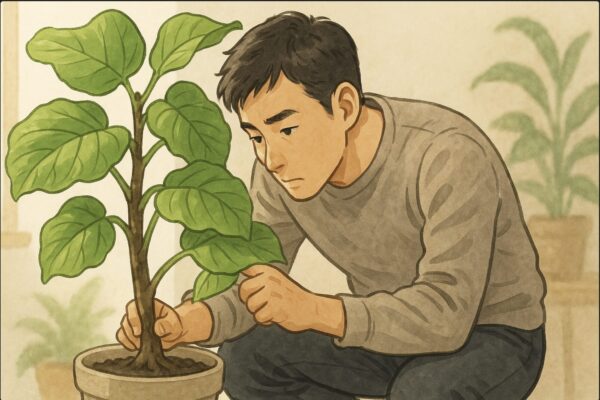 室内で、日本人男性がウンベラータの鉢をのぞき込み、根元の黒ずみや幹の状態を前かがみになって確認している場面。片手で葉を持ち上げ、もう片方の指で幹の柔らかさを押してチェックしているシーン。光は優しい自然光。