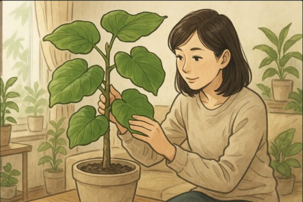 冬の明るい室内で、日本人女性が大きなウンベラータの鉢を前に、葉の色や枝ぶりを手でそっと触りながら全体の状態を丁寧に確認している。背景には自然光の入る窓と観葉植物が複数あり、落ち着いた生活空間の雰囲気。